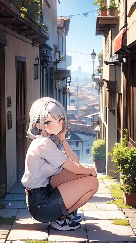 (Masterpiece, Top quality: 1.5), from side:1.3, squatting down, 1 beautiful girl, silver hair,  (Shorts :1.3), Summer clothes, hairpin, medium hair, Braided hair, wave hair, Hair swaying in the wind, Keep your head small, (15 year old:1.2), big breasts, st...