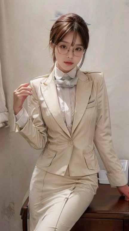 A woman wearing a suit and glasses is posing for a photo, a hyperRealistic , hyperRealistic , Wear a strict business suit, photoRealistic perfect body, Realistic , on the desk, standing on the desk, ultra Realistic picture, Dressed in a strict suit, Realis...