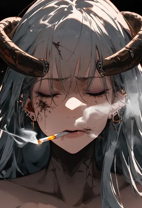 a succubus rapidly smoking cigarettes, piercings, pain, agony, devil horns, rapidly smoking cigarettes, sucking very hard on cigarette, deeply inhaling, the cigarette ash is growing very long, the cigarette ash is very long, SMOKE IN MOUTH, lots of cigaret...