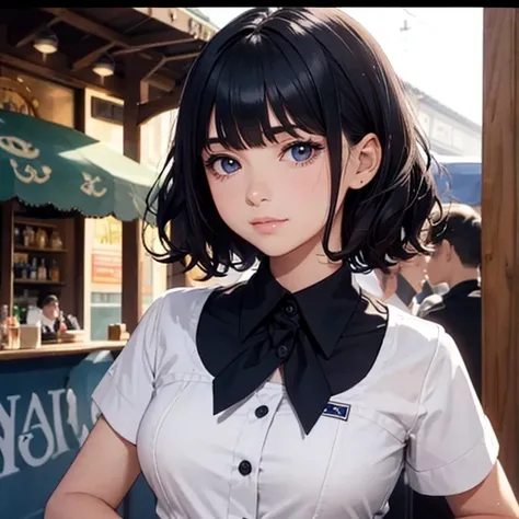 Irish pub waitress,Waitress Costume,A waitress surrounded by many male customers,14yo,detailed face,smile,BREAK (navy hair),(wavy-short hair),parallel eyebrows,eyes with large irises,blunt bangs,fresh lips,small nose,small breasts,small hip,(5feet tall)), ...