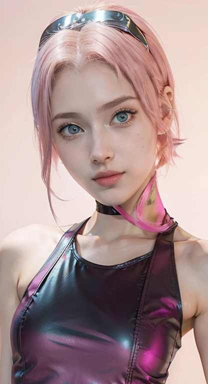 young woman, short shoulder-length pink hair, wide forehead, porcelain skin, pink eyebrows, big emerald green eyes, buttoned nose, full lips, heart-shaped face, slender body, small breasts, red tank top, Sakura Haruno , realistic, realism, details, 3d, wel...