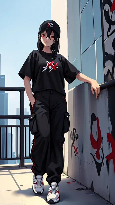 A woman with black hair and red eyes listening to music leaning on the railing on the rooftop of an apartment building(Wearing a white cap with a black logo on it, Wearing a black XL-size t-shirt with graffiti art on the back, khaki cargo pants and white s...