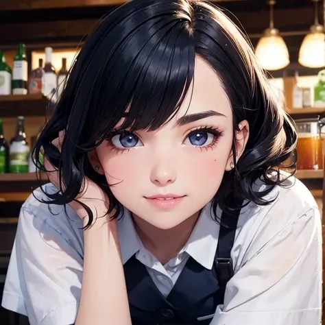 (Irish pub waitress),Carrying beer,14yo,cute,detailed face,smile,BREAK (navy hair),(wavy-short hair),parallel eyebrows,eyes with large irises,blunt bangs,fresh lips,small nose,(small breasts),small hip,(5feet tall)), pop (masterpiece, best quality:1.1),det...