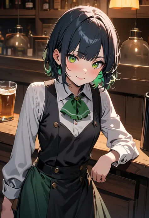 (Irish pub waitress),Carrying beer,14yo,cute,detailed face,smile,BREAK (navy hair),(wavy-short hair),parallel eyebrows,eyes with large irises,blunt bangs,fresh lips,small nose,(small breasts),small hip,(5feet tall)), pop (masterpiece, best quality:1.1),det...