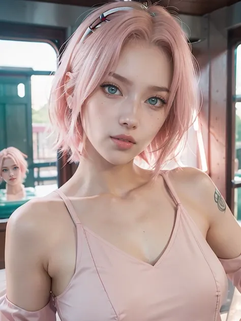 young woman, short shoulder-length pink hair, wide forehead, porcelain skin, pink eyebrows, big emerald green eyes, buttoned nose, full lips, heart-shaped face, slender body, small breasts, red tank top, Sakura Haruno , realistic, realism, details, 3d, wel...