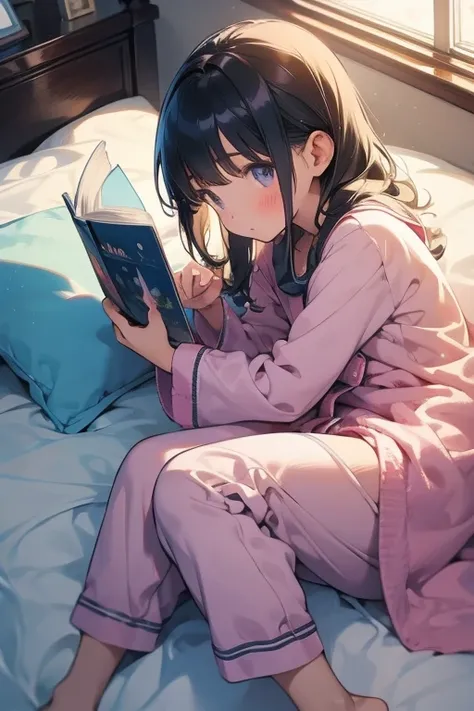 1girl,solo,cute,pajamas,lie down,reding a picture book,on the bed,face down,from the front