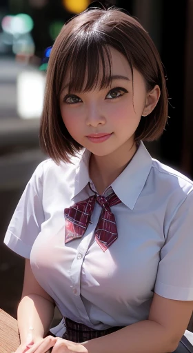 Violet, (Gardenias, Rosacea:0.8), (Tabletop, highest quality:1.4), Delicate girl, Beautiful Short Hair, close, , White dress shirt, Short sleeve, Dark grey pleated check skirt, 8k, 50mm Portrait, RAW Photos, Absurd, Focus on the chest, Big Breasts, Thin ar...