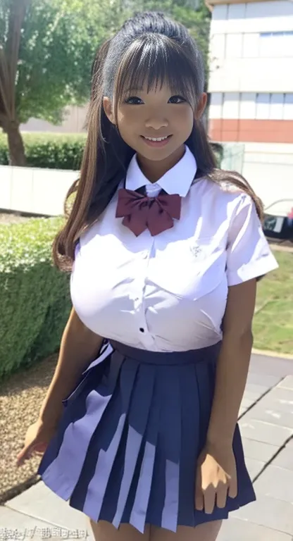 Super huge breasts, Gyaru, ditail lips, pink lips, long hair, cleavage of breasts, smile, beautiful asian girl, short skirt, gal, shining skin, brown hair, dark skin, tanned skin, brown skin, gigantic breasts, JK , hi-school girl, school student uniform, m...