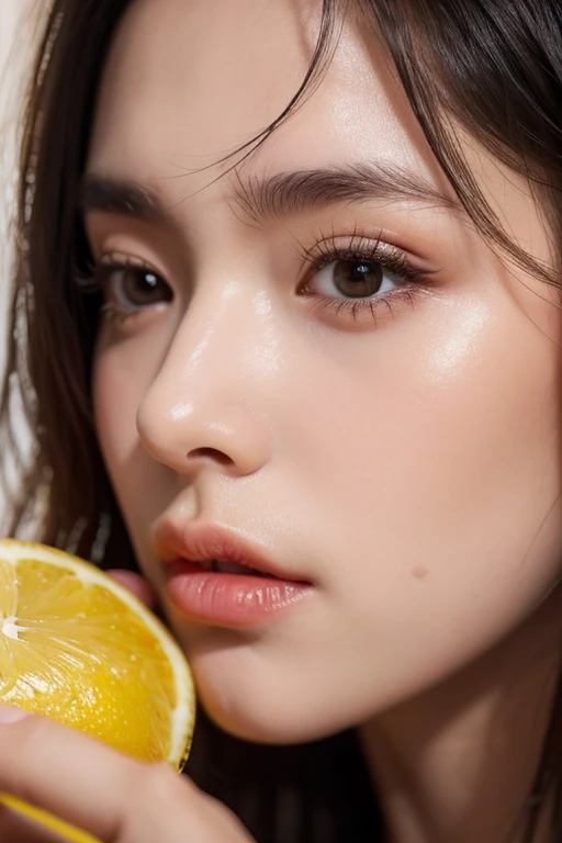 A person eating a lemon, detailed facial features, photorealistic, high quality, 8k, sharp focus, vivid colors, studio lighting, dramatic lighting, dynamic pose, intense facial expression, lemon in hand, saliva dripping, extreme close-up, detailed skin tex...