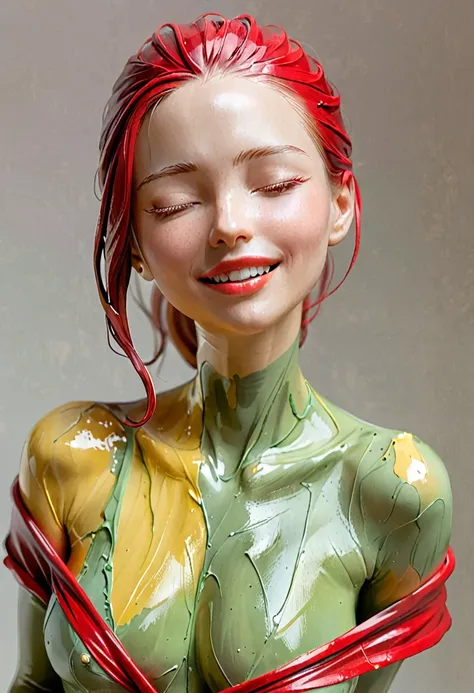 realistic sculpture,half body,green yellow red ceramic,A young woman smiles in a thin cloth. Swaying against your skin. sexy poses