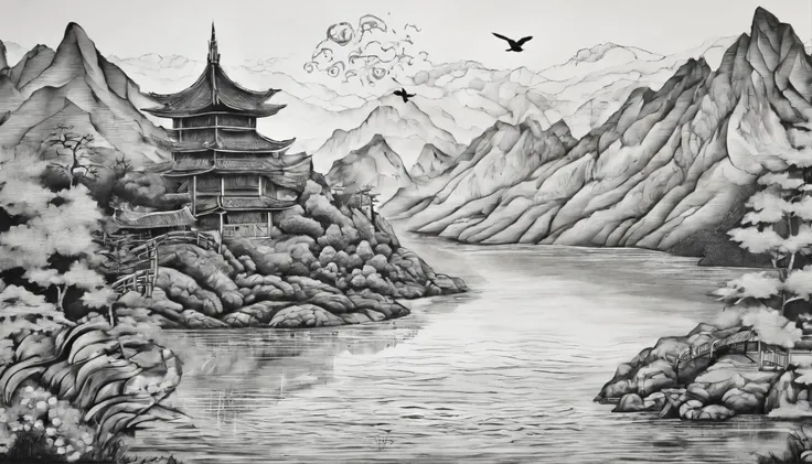 Traditional Chinese Color Ink Painting，Dancyan， Vision，High mountains in the distance，dusk，Clouds，Bird，river