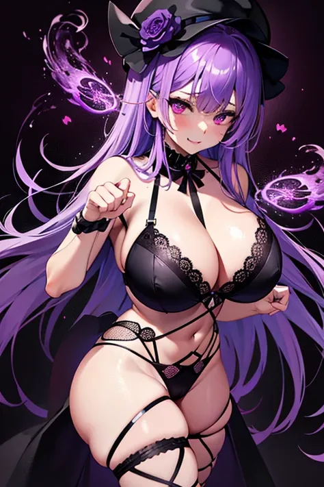 purple hair, Purple eyes, ahegao face, face covered in sperm, sexually, god, big breasts, Big butt, black lace panties, black lace bra, jack-o-pose, clearly defined pussy