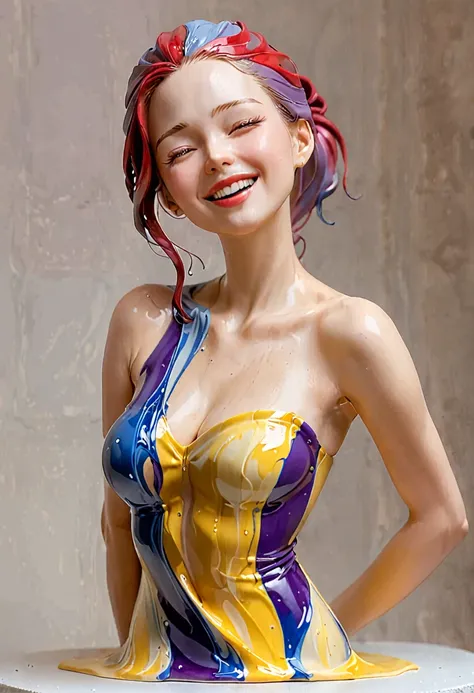 realistic sculpture,bust up,ceramic red, yellow, blue, purple, cream,a young woman smiles beautifully in a thin cloth. swaying a...