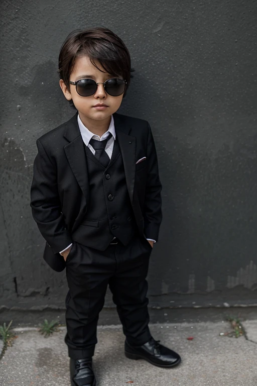 A baby boy standing upright wearing a black suit like a boss and wearing sunglasses