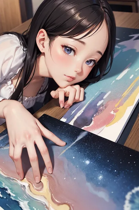 masterpiece、Soft Focus , Bright gradient watercolor、Tabletop, High resolution, 8k, Anime Women, Delicate and detailed writing 、Detailed digital illustration、high resolution, high quality、Detailed Background、Close-up photo、
(((Two arms、Four fingers, One thu...