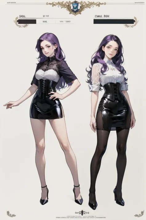 purple hair,voluminous long hair,adult female,(suit),see-through shirt,see-through tops,((roll up your sleeves)),(corset),(tight...