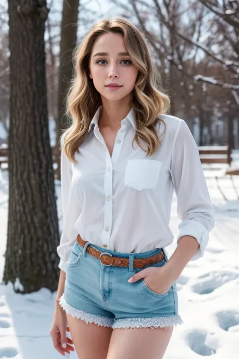 Jessica Rothe, very classy, en tenue pour aller au bureau, yeux verts bleus, flirte avec la camera, wavy hair, flirty, makeup, white shirt, shorts, outside, winter, snow, 135mm, Canon, f/16, UHD, anatomically correct, masterpiece, textured skin, super deta...