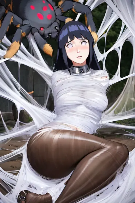 masterpiece, best quality, 1girl, solo, looking at viewer, hinata(shippuden), length hair, floating hair，large breasts , breasts out,  (arms behind back:1.4), hanging,spiders in the web,long spider, Hinata, desperate，struggle, entangled, embarassed face, d...