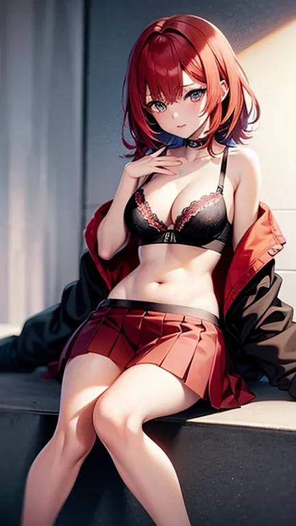 An anime girl with red hair and blue eyes wearing a skirt and an open shirt revealing a black and red bra