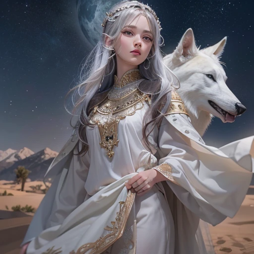 (highest quality、masterpiece、8k、Best image quality、Ultra-high resolution、Award-winning works)、A beautiful white-haired woman watches over us from afar in the desert..., Where the moonlight shines.、Ancient Islamic clothing、Beautiful face drawn in every deta...