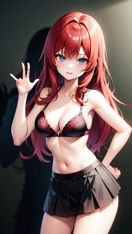 An anime girl with red hair and blue eyes wearing a skirt and an open shirt revealing a black and red bra