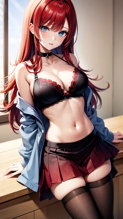 An anime girl with red hair and blue eyes wearing a skirt and an open shirt revealing a black and red bra