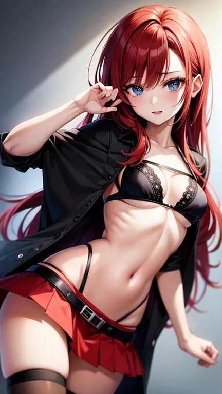 An anime girl with red hair and blue eyes wearing a skirt and an open shirt revealing a black and red bra