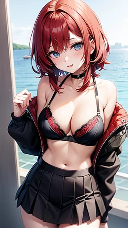 An anime girl with red hair and blue eyes wearing a skirt and an open shirt revealing a black and red bra