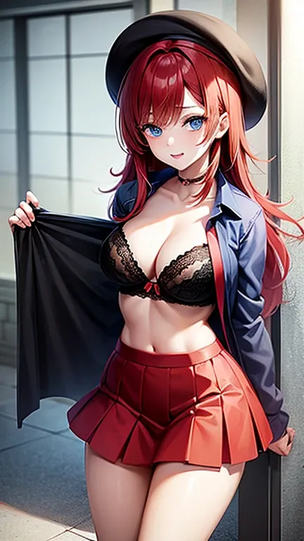 An anime girl with red hair and blue eyes wearing a skirt and an open shirt revealing a black and red bra