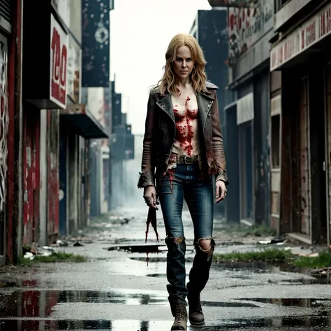 A striking, full-body photo of Nicole Kidman, portraying a zombie with a weathered, blood-streaked face. She is dressed in ragged clothes and stands alone in a dimly lit, abandoned urban setting. The atmosphere is eerie and chilling, with a sense of loneli...