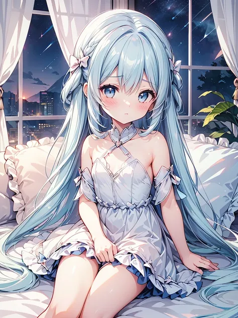 masterpiece, best quality, extremely detailed, (illustration, official art:1.1), 1 girl ,(((( light blue long hair)))), light blue hair, ,10 years old, long hair ((blush)) , cute face, big eyes, masterpiece, best quality,(((((a very delicate and beautiful ...