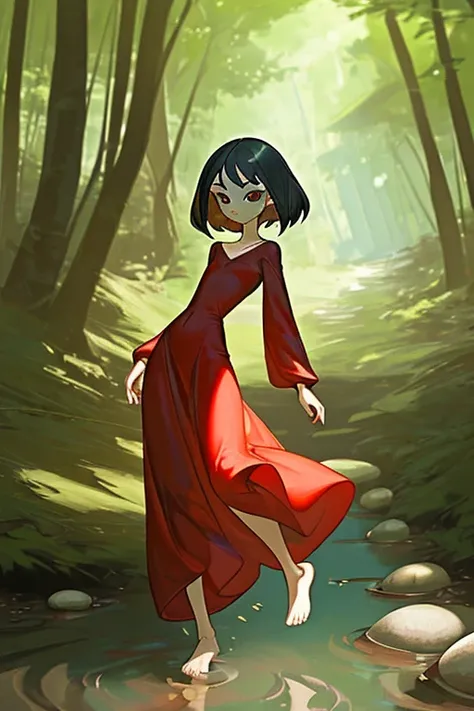 


a little girl，Slim figure，Exquisite facial features，big eyes，innocent，red long dress，barefoot，
Sunlight，woods，shallow stream，Small stones