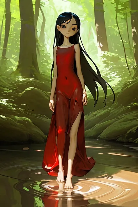 


a little girl，Slim figure，Exquisite facial features，big eyes，innocent，red long dress，barefoot，
Sunlight，woods，shallow stream，Small stones