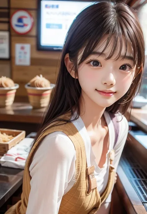 Realistic photos (1 cute Korean actress), Vest, At a ramen shop, Smile, Canon EOS, Clear facial features, closeup portrait, movie mode, 8K