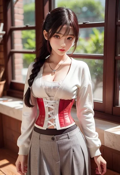 1 Girl, Portrait of beautiful lobapex, sports, White jacket, Corset, skirt, Pants, Black Hair, Red hair, braid, cosmetic, Necklace, cleveage, Wide hips, Volumetric Lighting, best quality, masterpiece, Intricate details, Tone Mapping, Clear focus, Ultra Det...