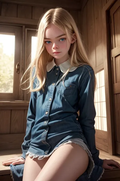 Elle Fanning, imagen ultra realista de alta calidad de una adolesente, 12 years, the teenager has brown hair, ojos azul, piel blanca, small breasts, senos visibles, cadera mediana, vagina visible, senos visibles, ojos de odio..la adolesente tiene una sonri...