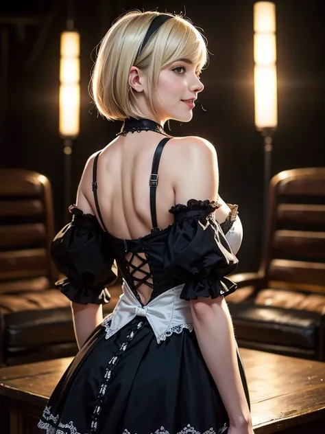 (Sci-fi fantasy), (masterpiece), (1 beautiful dutch woman),Smile,back view,Ella Freya from the Netherlands,NieR:Automata,2B, Gothic Lolita,Cosplay,(highest quality), (8K resolution), (1 beautiful girl),Blonde Hair,Short Bob Hair,Slender figure,Small breast...