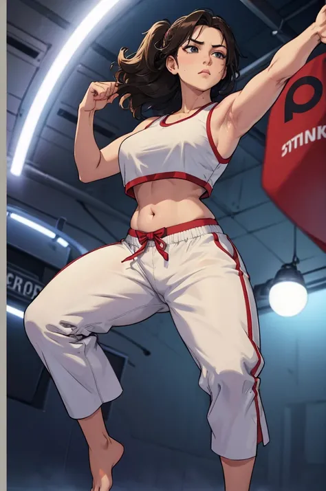 martial artist, pants, crop top, barefoot, feet visible, slightly chubby