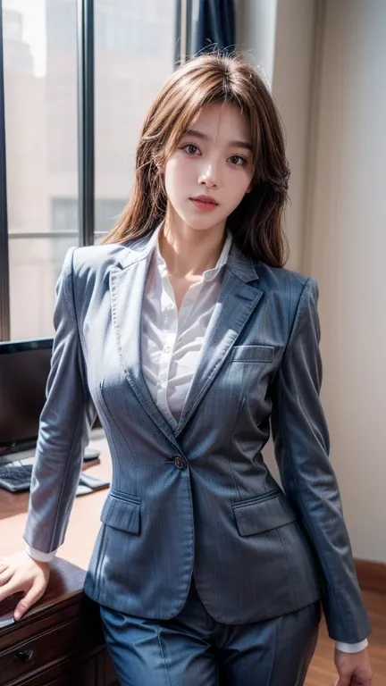 UHD, ccurate, anatomically correct, textured skin, high details, 8k, A woman in a suit posing for a photo, a hyperRealistic , hyperRealistic , Wear a strict business suit, photoRealistic perfect body, Realistic , on the desk, standing on the desk, ultra Re...