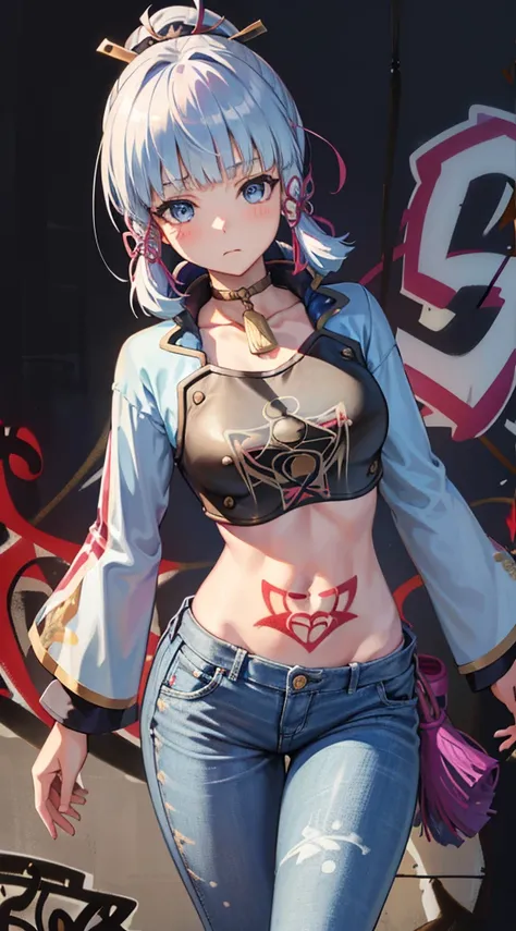 kamisato ayaka|genshin impact, master-piece, bestquality, 1girls, 25 years old, proportional body, elongated legs, Beautiful, proportional., crop top, Long Jeans, mediuml breasts, ,bara, crop top, choker, (Graffiti:1.5), Splash with purple lightning patter...