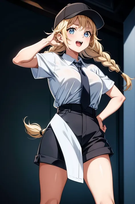 an attractive young woman wearing a baseball cap and black shorts holding a microphone and wearing a white shirt, 1girl, solo, blue eyes, long hair, hat, blonde hair, braid, shorts, twin braids, breasts, shirt, open mouth, looking at viewer, short sleeves,...