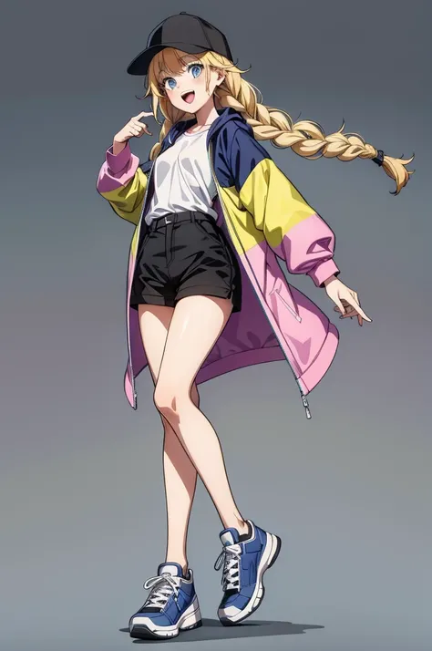 the girl in a raincoat is posing for a picture of some sort, 1girl, solo, blonde hair, shorts, hat, blue eyes, shoes, full body, black shorts, smile, white background, braid, sneakers, baseball cap, long hair, looking at viewer, open mouth, jacket, black h...