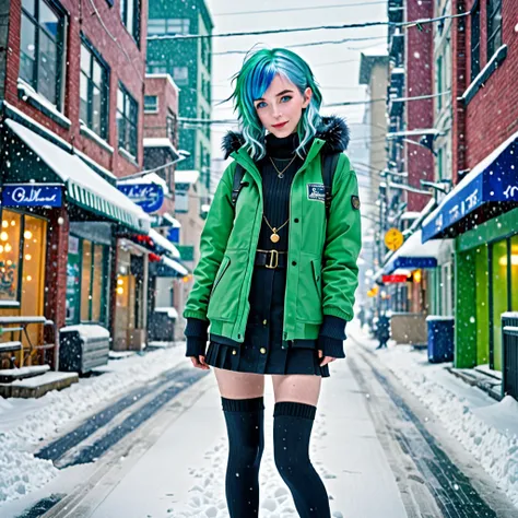 best quality,ultra high res,1girl wears mini,solo,full body,snow,city,, blue hair,green eyes,jk,,