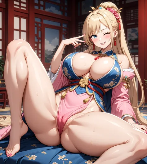 ((one personの女の子)), Beautiful Face,Seduce with a smile,((Wink:2.0)),Blushing,Glossy lips,Abstract, night,Chinese imperial bedroom, ((Anime style background)),masterpiece, highest quality, so beautiful, Absurd, up to date, Complex details, (Pink long nails)...