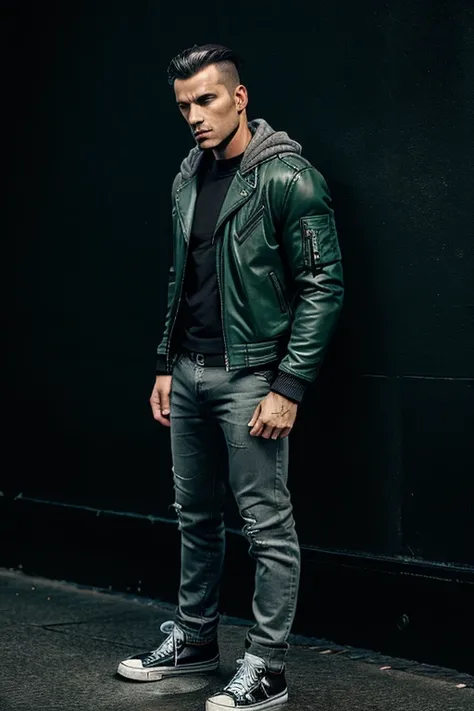 Man in Mens 2-in-1 Casual PU Leather Jacket Chic Bomber Jacket & Jacket, Mens Winter Jackets, Mens Leather Jacket green Dark leather jacket Grey Hooded Grey Hood  on top and darkened face cap and jeans and converse sneakers Heroic Presence Serious and stro...