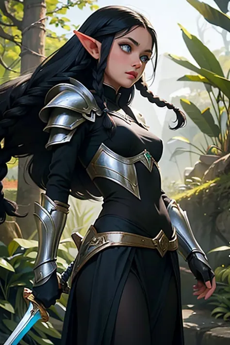 1 elf female,long silky black hair in braids,orelhas pontudas,olhos azuis, thin lips,rosto redondo,seios enormes, quadris largos,wearing light elven battle armor and always with a thin-bladed sword in his hands.estilo coquete e melindrosa 