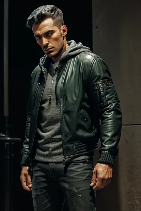 Man in Mens 2-in-1 Casual PU Leather Jacket Chic Bomber Jacket & Jacket, Mens Winter Jackets, Mens Leather Jacket green Dark leather jacket Grey Hooded Grey Hood  on top and darkened face cap and jeans and converse sneakers Heroic Presence Serious and stro...