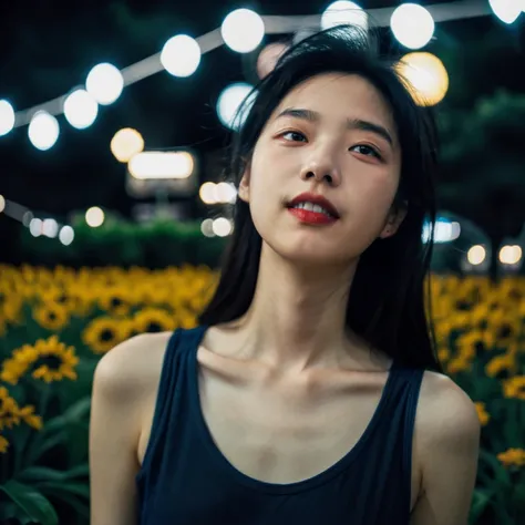 1girls，idolannequin，deep of field，Photo showing，filmes，Side face，Ruffle your hair，Look in the other direction，Skinny，Haha，fcollarbone，teeth，long way hair，Lazy，filmes，Dark blue camisole vest，selfee，Night，Boyfriend perspective