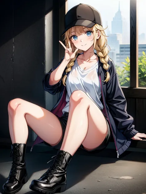 sitting on a ledge, the lady is giving a peace sign, 1girl, solo, v, twin braids, blonde hair, braid, sitting, hat, smile, blue eyes, boots, shirt, shorts, white shirt, jacket, black headwear, long hair, looking at viewer, black footwear, blush, baseball c...