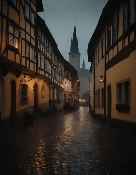 Medieval German town in the rain.